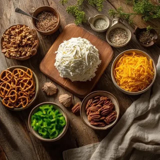Top-down view of turkey cheese ball ingredients — cream cheese, cheddar, pecans, and pretzels arranged for Thanksgiving appetizer preparation.