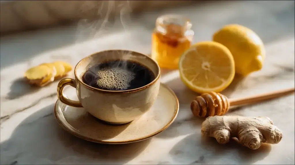 ingredients for coffee ginger lemon and honey wellness drink