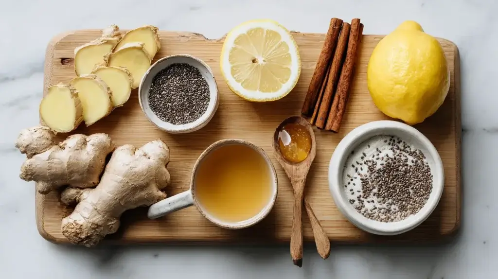 Ingredients for Costa Rican weight loss tea including ginger, lemon and cinnamon