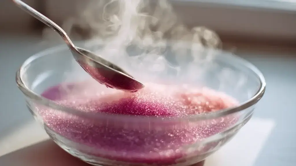 dissolving pink gelatin powder in hot water