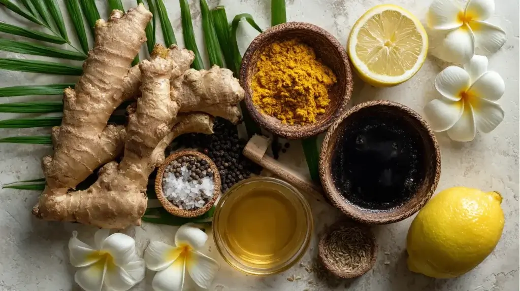 Jamu juice ingredients laid out: turmeric, ginger, citrus, honey, pepper.