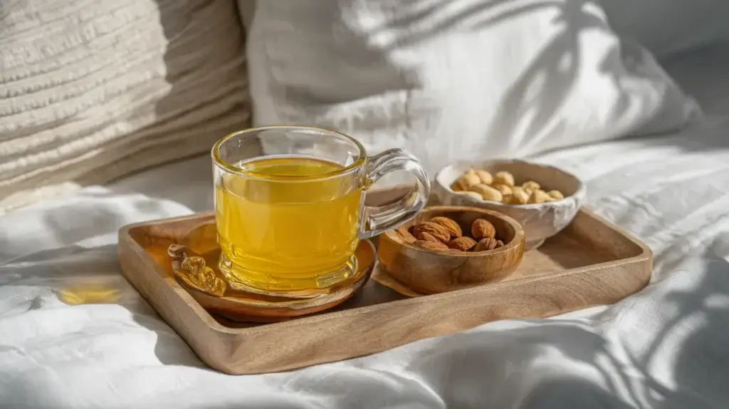 A glass of Jamu juice served in a peaceful morning wellness setup.