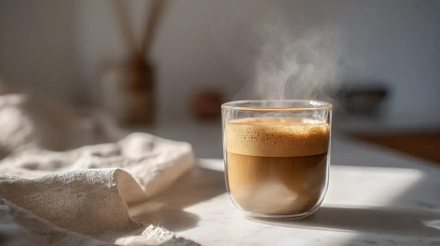 mushroom coffee latte in a cozy kitchen morning setting