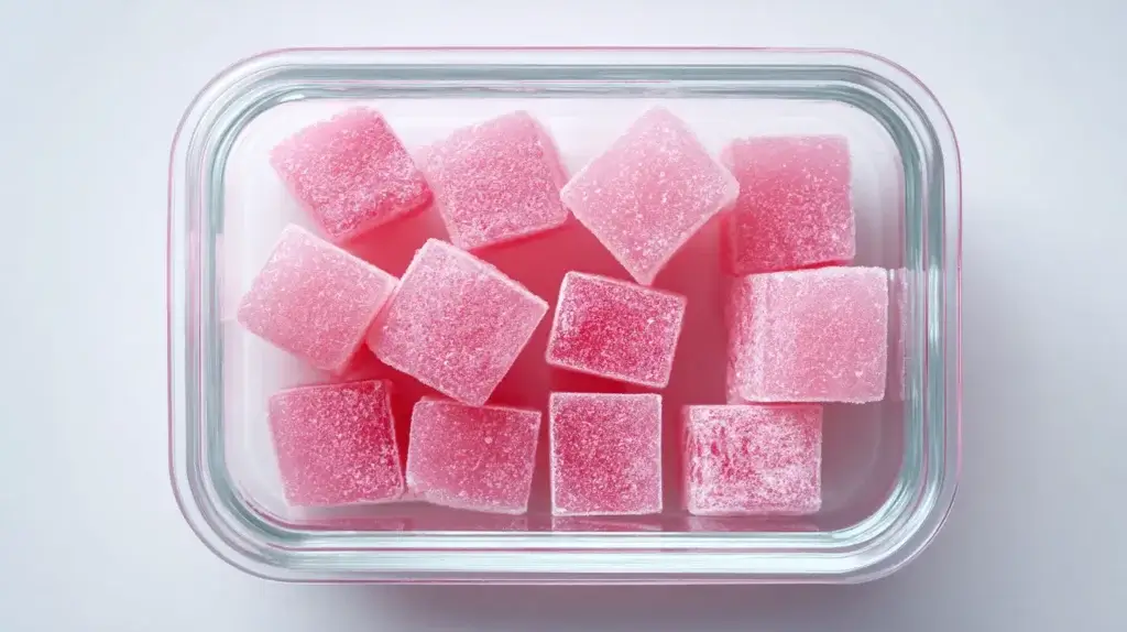 pink gelatin cubes in glass meal prep container