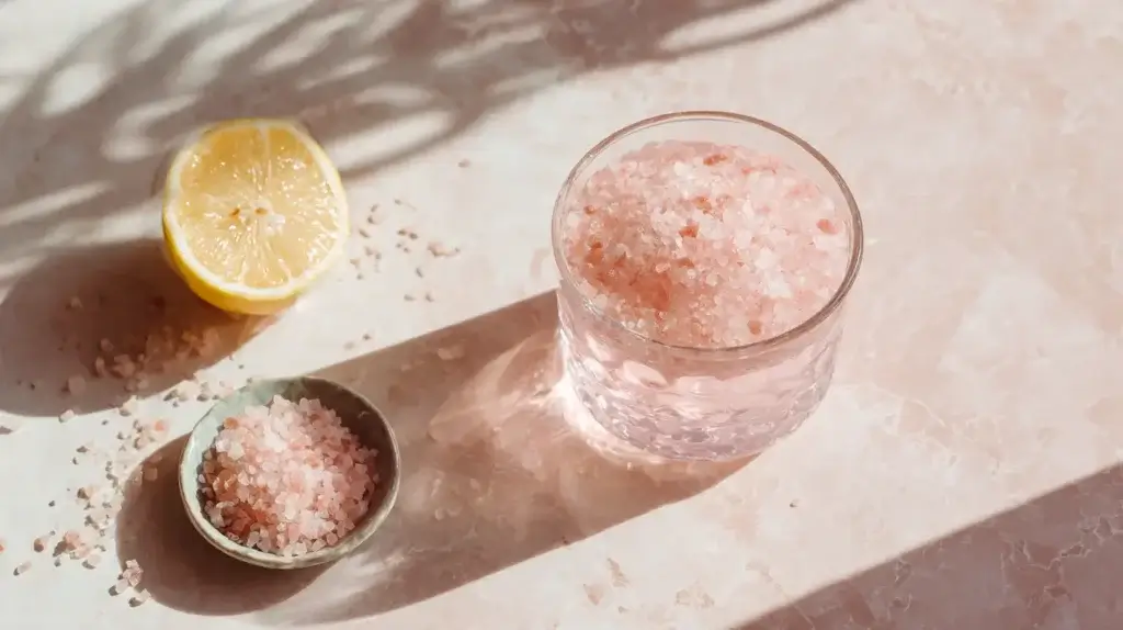 pink salt trick for weight loss drink in glass on table