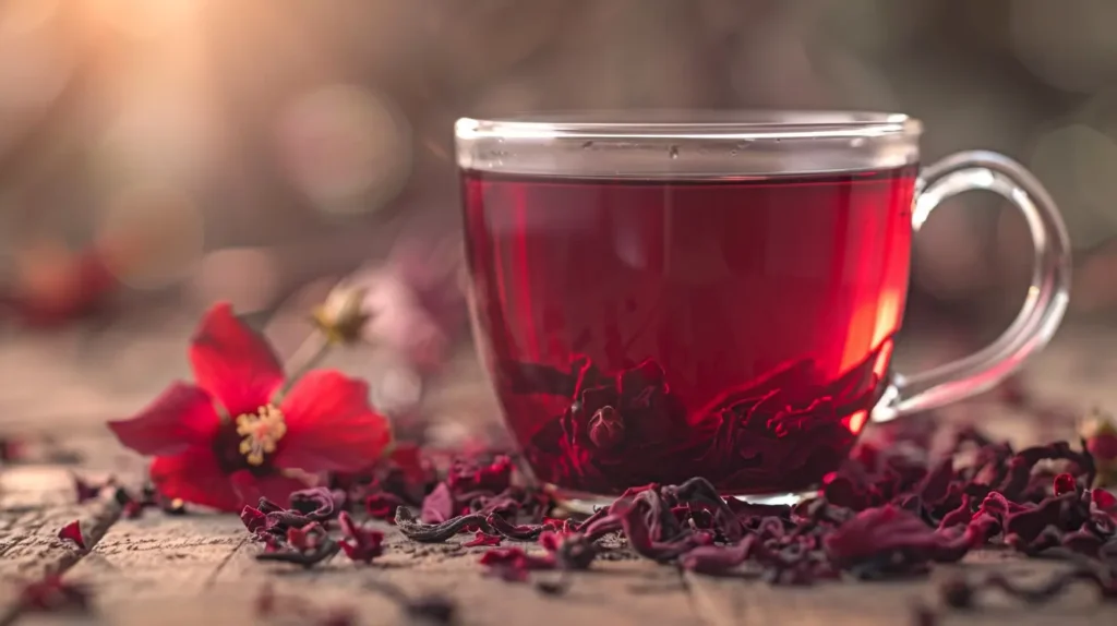 Glass cup of hibiscus tea with dried hibiscus flowers