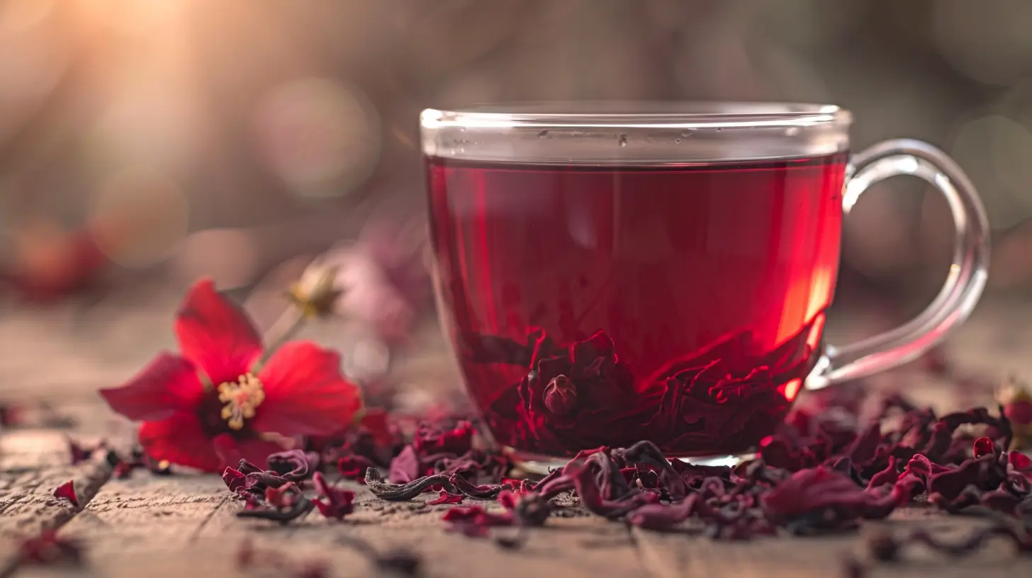 Glass cup of hibiscus tea with dried hibiscus flowers