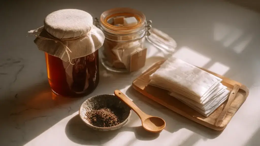 Kombucha brewing equipment including jar, SCOBY, tea bags, and sugar.