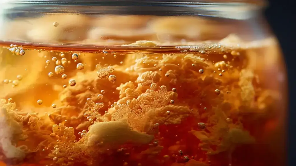 Kombucha first fermentation with SCOBY and bubbles forming in a glass jar.