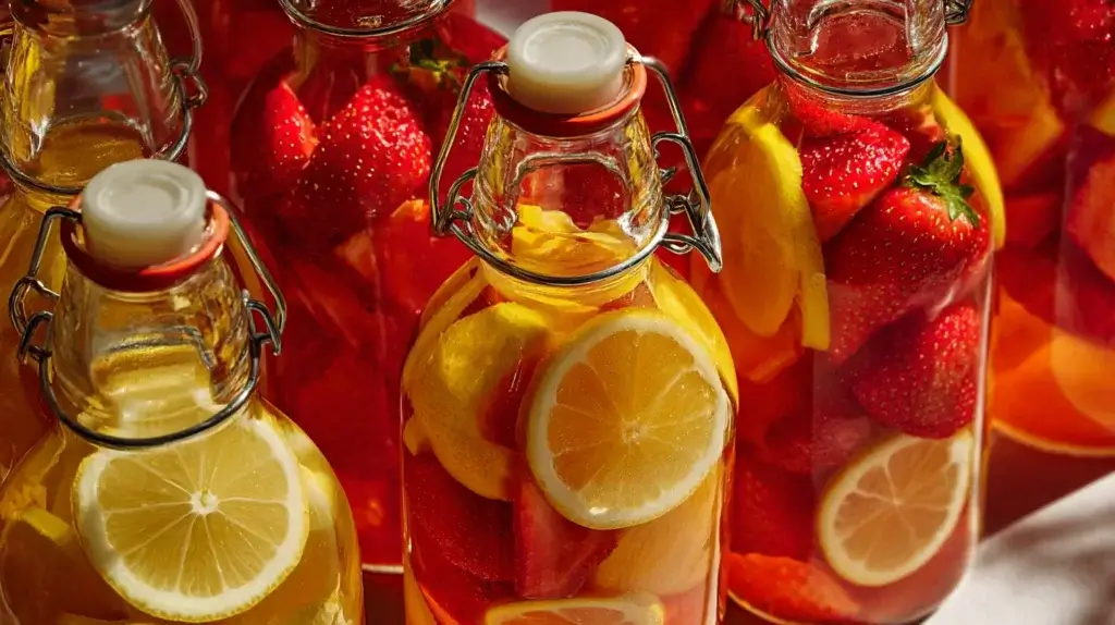 Flavored kombucha bottles during second fermentation with fruit added.