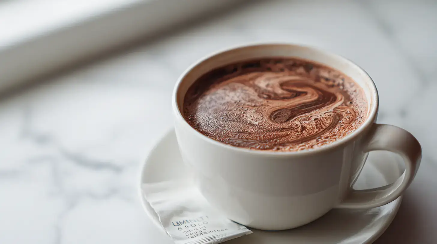 LMNT hot chocolate recipe in a warm mug with LMNT Chocolate Salt packet