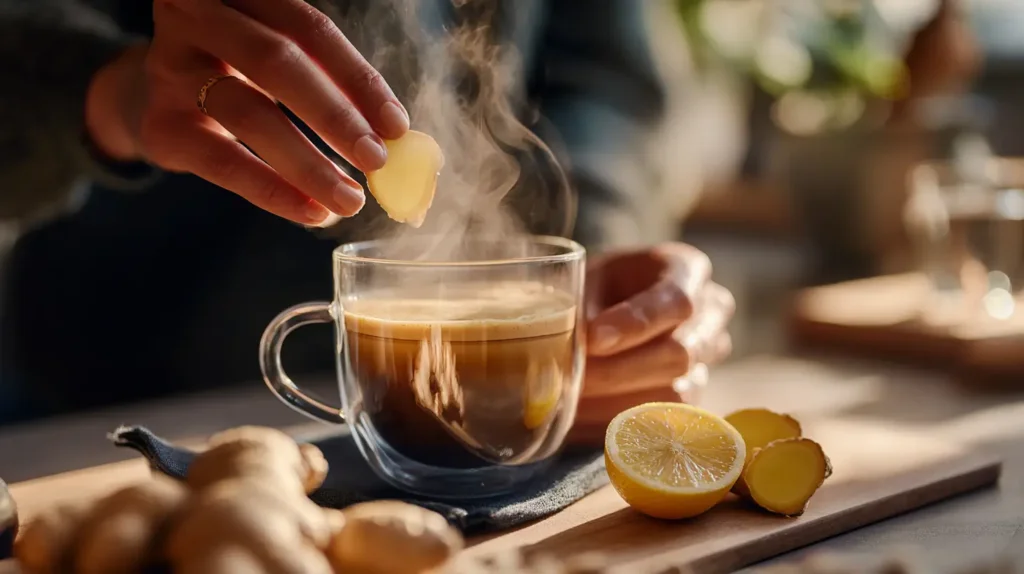 making coffee with ginger and lemon