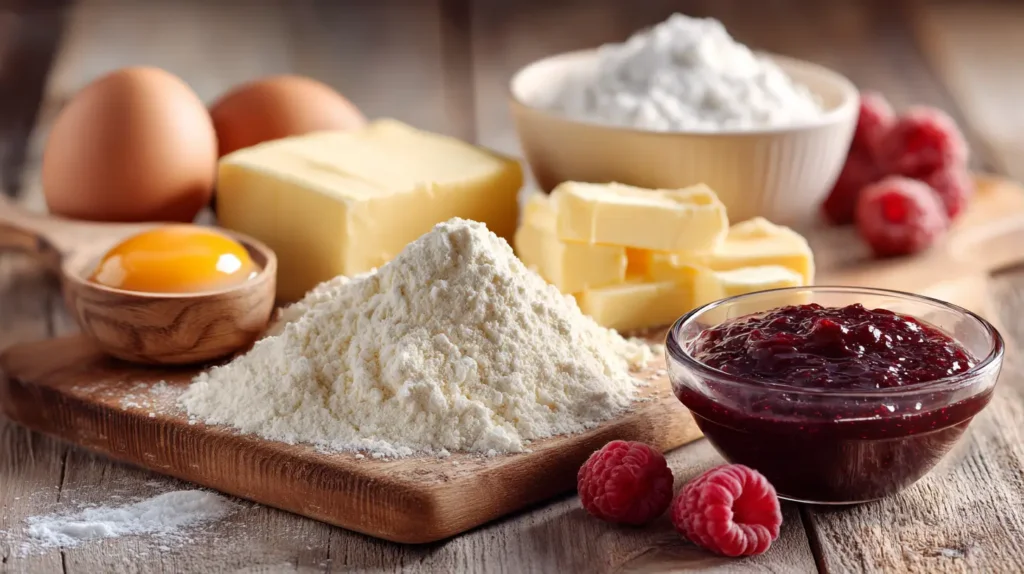 Ingredients for Meghan Markle thumbprint cookies recipe with raspberry jam