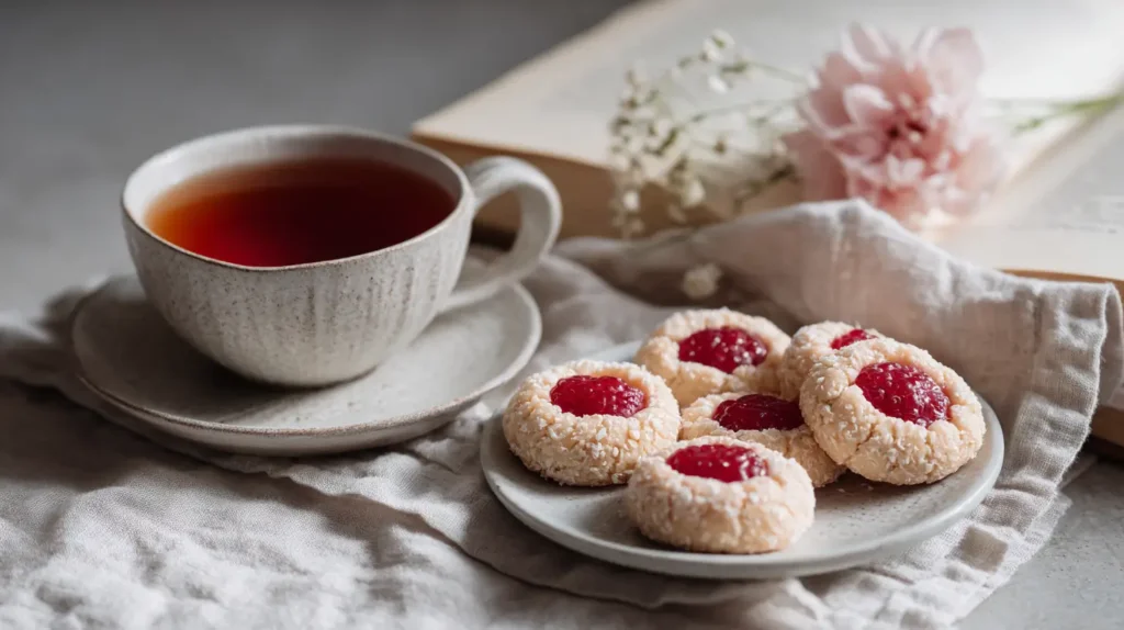 Elegant tea-time serving of Meghan Markle–inspired thumbprint cookies