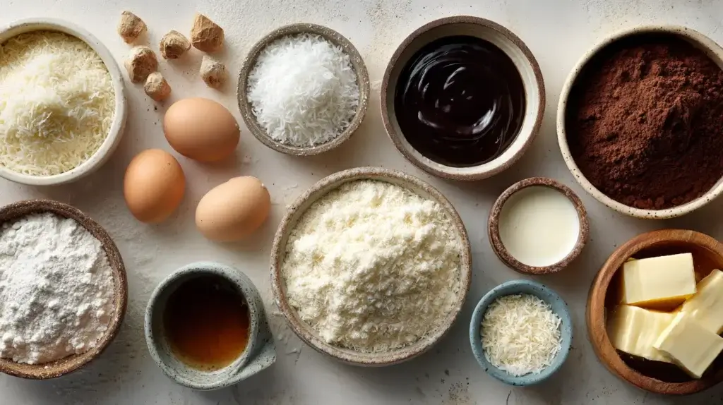 ingredients for mounds cake with coconut filling