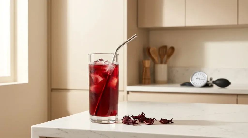 cold hibiscus tea for blood pressure — tall glass of cold brew red hibiscus tea with blood pressure monitor in background on white kitchen counter