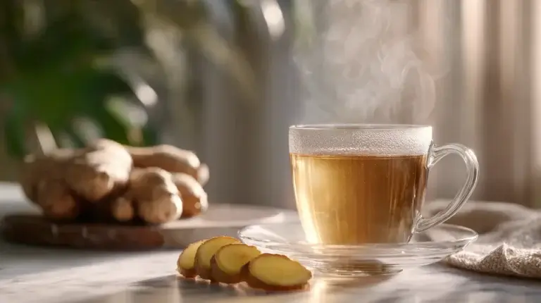 Ginger tea benefits shown in a fresh homemade ginger tea cup