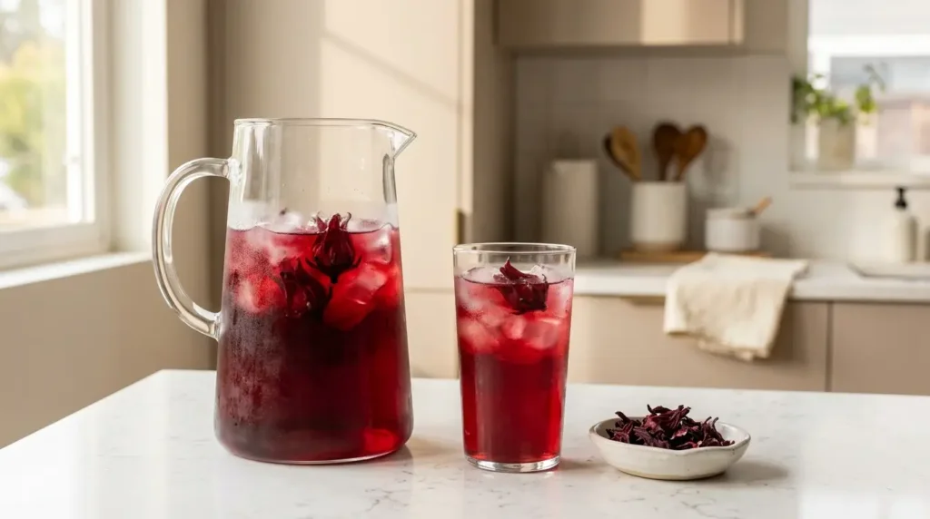 hibiscus cold brew pitcher and glass on white kitchen counter — how to make cold brew hibiscus tea at home