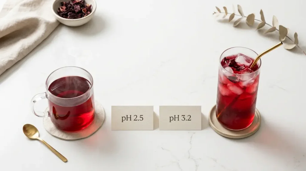 hibiscus tea hot vs cold pH difference — hot brew pH 2.5 and cold brew pH 3.2 shown with label cards on white kitchen counter