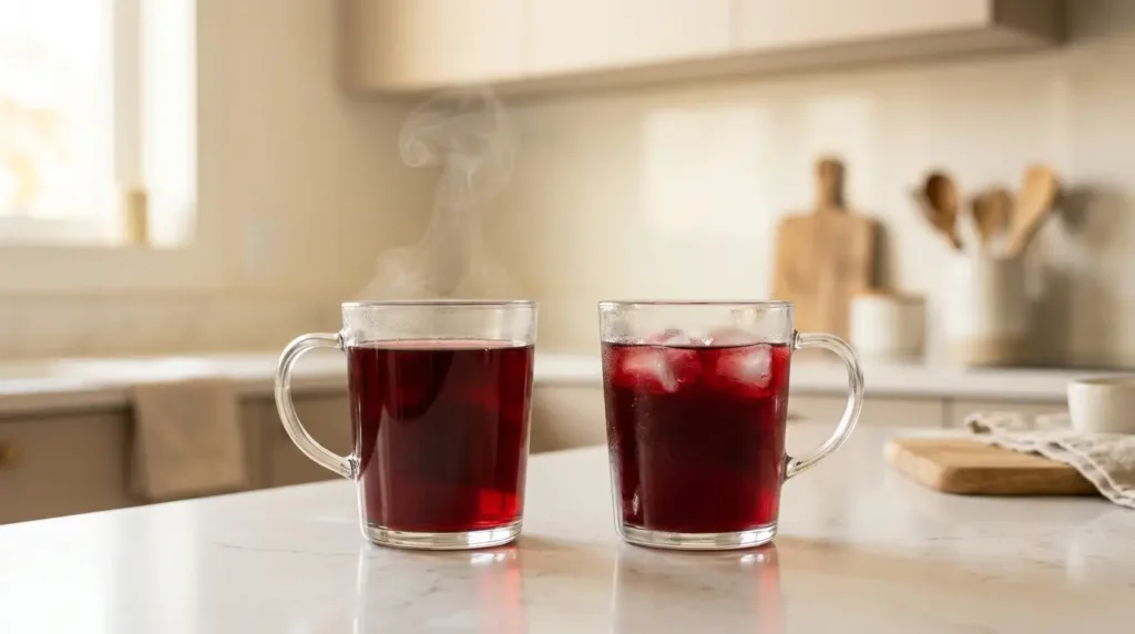 hibiscus tea hot or cold — two identical mugs of red hibiscus tea side by side, one steaming hot and one cold over ice on white kitchen counter