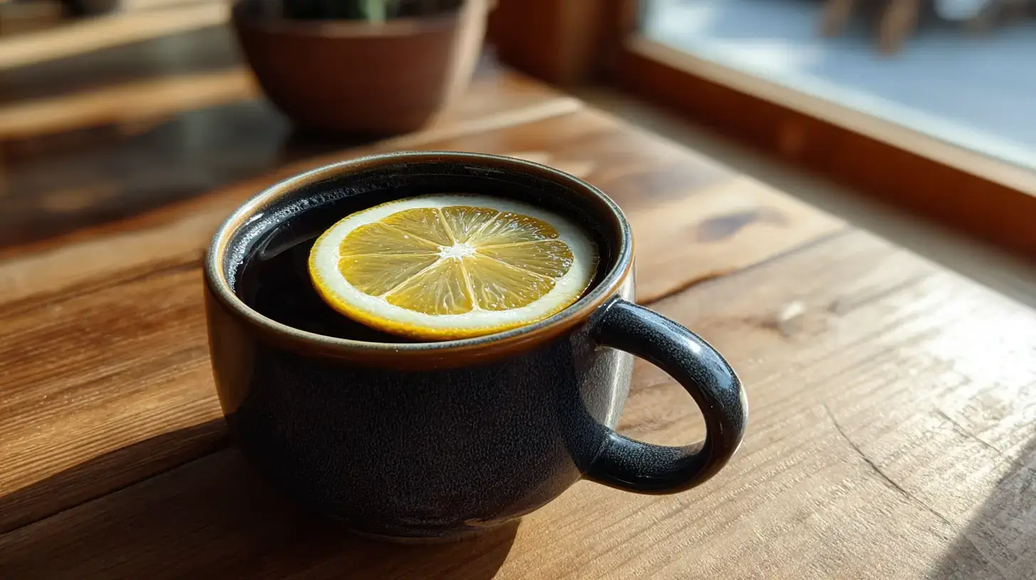 Lemon in coffee served in a black cup with fresh lemon slice