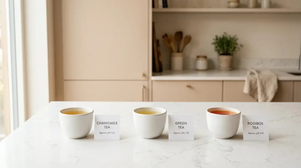alkaline herbal tea alternatives to hibiscus — chamomile green tea and rooibos with pH values on kitchen counter