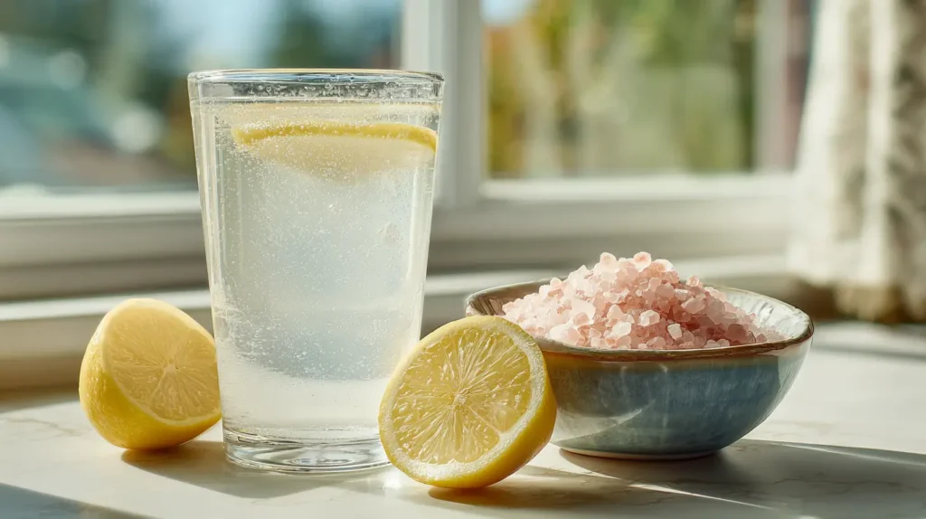 best sugar free electrolyte drink for diabetics in a clear glass with lemon and pink salt