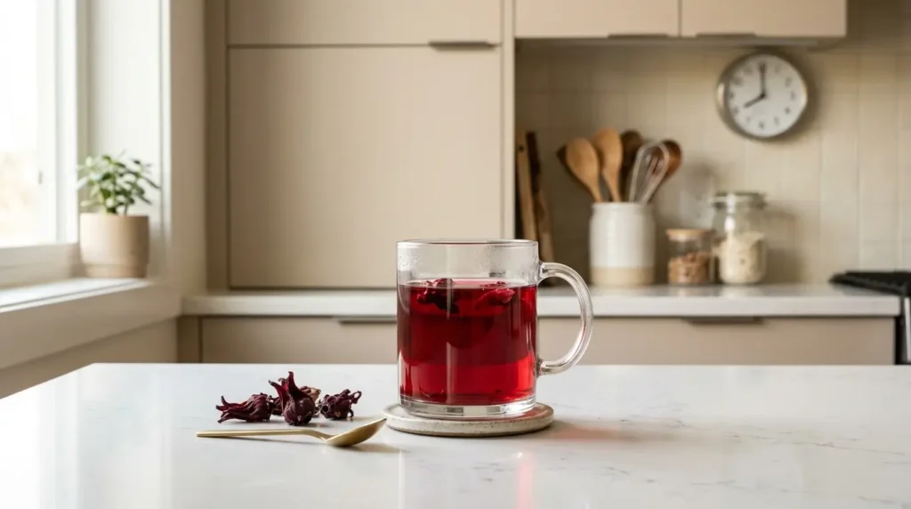 best time to drink hibiscus tea for blood pressure — glass of red hibiscus tea in the morning with clock showing 8am on white kitchen counter