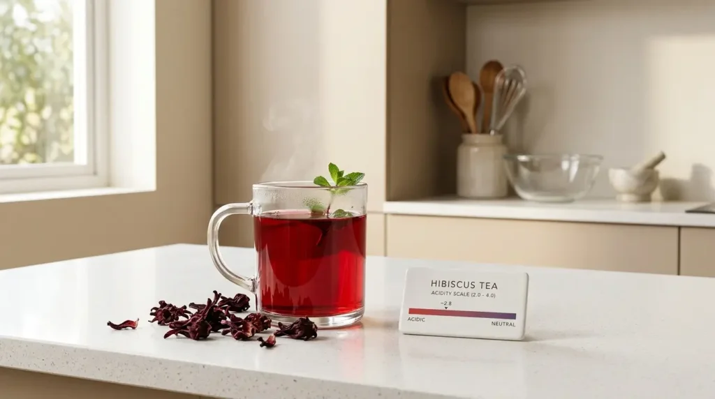 hibiscus tea acidic ph level — glass mug of deep red hibiscus tea with ph indicator on white kitchen counter