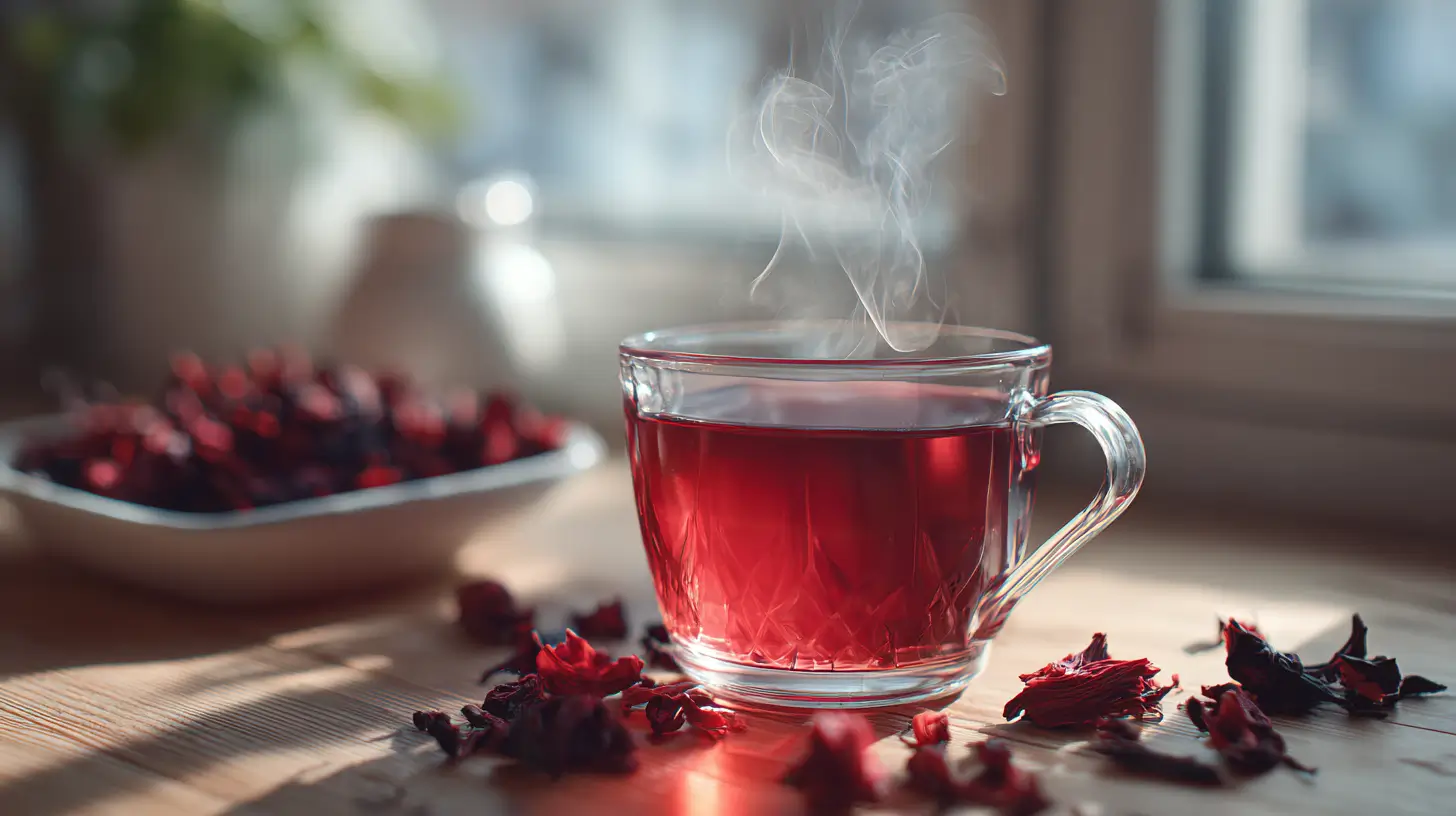 hibiscus tea blood pressure hot or cold served in glass cup on wooden table