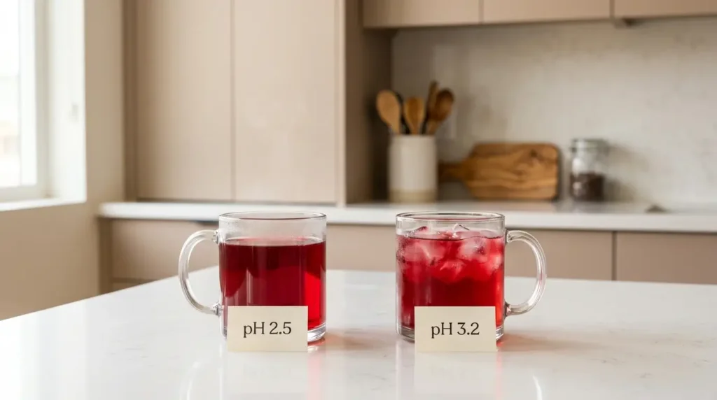 hibiscus tea acidic pH comparison — hot brew at pH 2.5 versus cold brew at pH 3.2 side by side