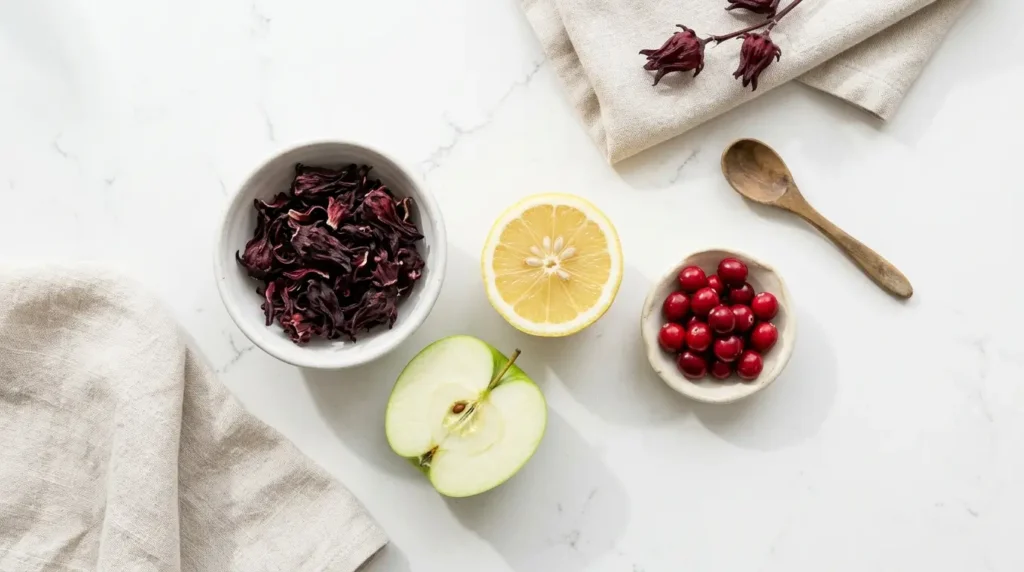 hibiscus tea acidic compounds — dried hibiscus flowers beside lemon apple and cranberry showing organic acid comparison