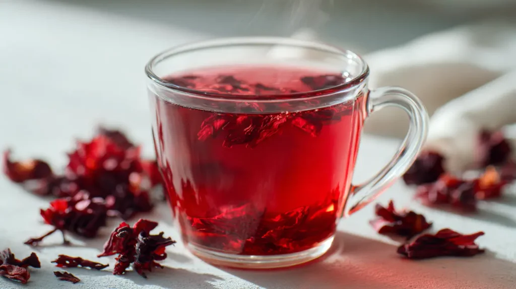 is hibiscus tea acidic bright red herbal tea in glass cup