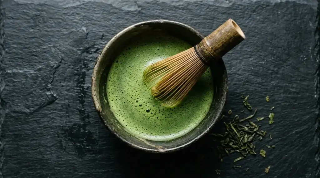 ceremonial grade matcha powder in a traditional chawan bowl with bamboo whisk