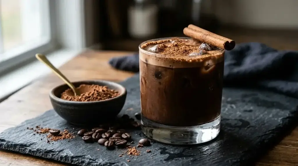 chocolate protein mocha with espresso cacao powder and protein shake over ice