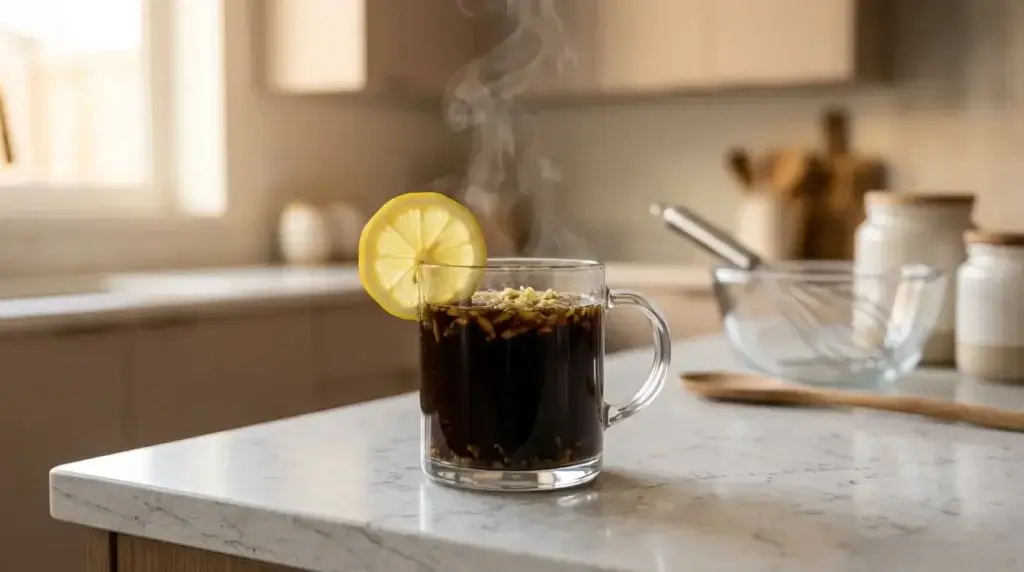 coffee with ginger and lemon in glass mug close up