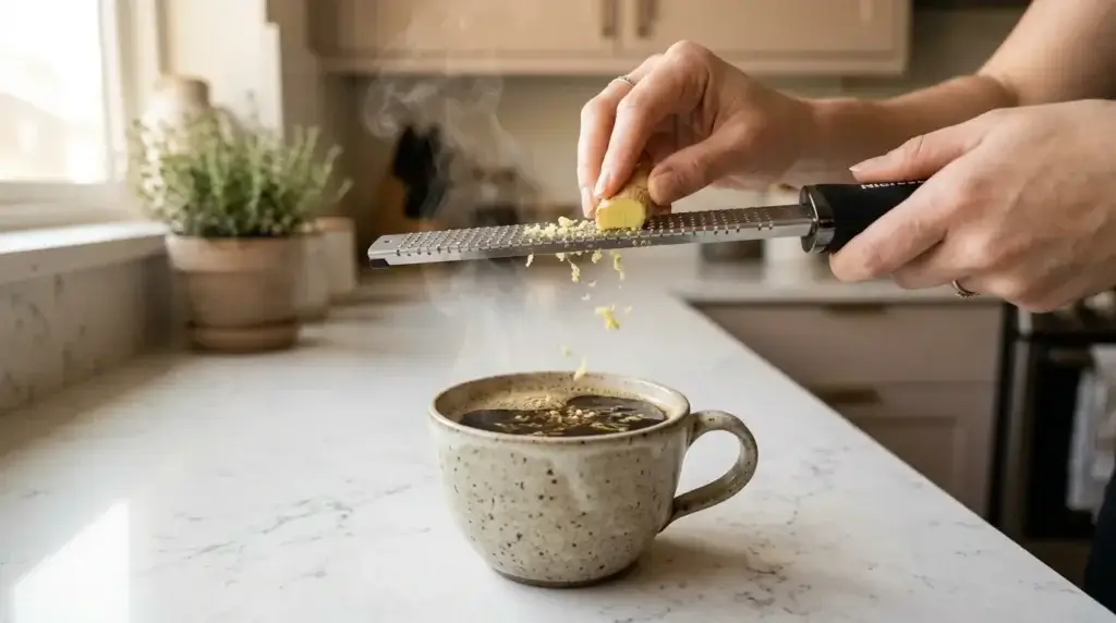 adding fresh grated ginger to black coffee