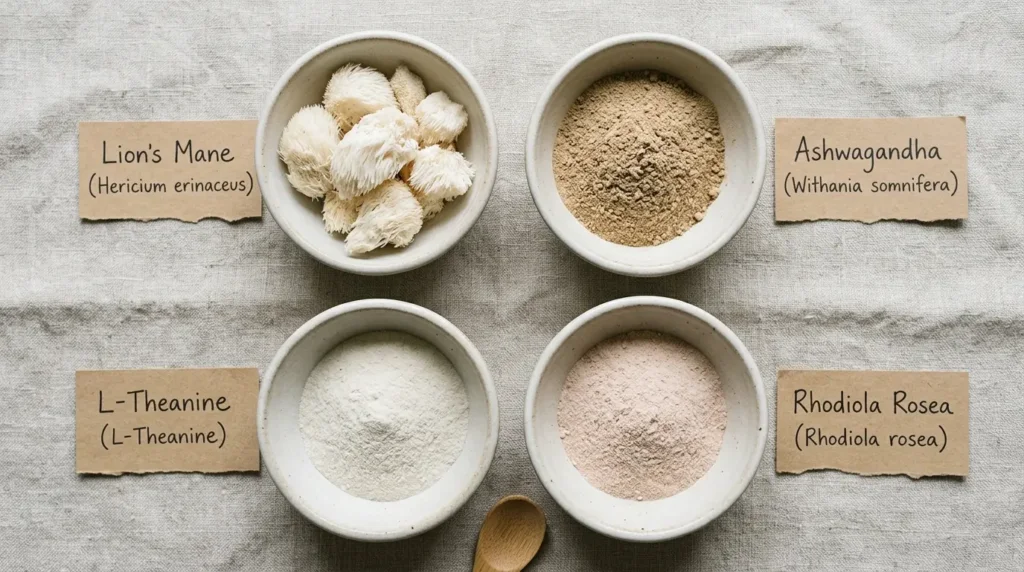 nootropic ingredients side by side lion's mane powder ashwagandha root l-theanine and rhodiola