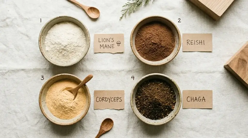 four types of functional mushrooms used in mushroom coffee lion's mane reishi cordyceps chaga