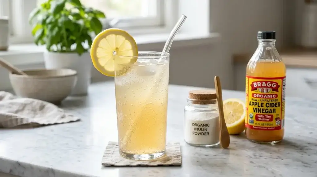 sparkling prebiotic lemonade with inulin powder and apple cider vinegar in a tall glass
