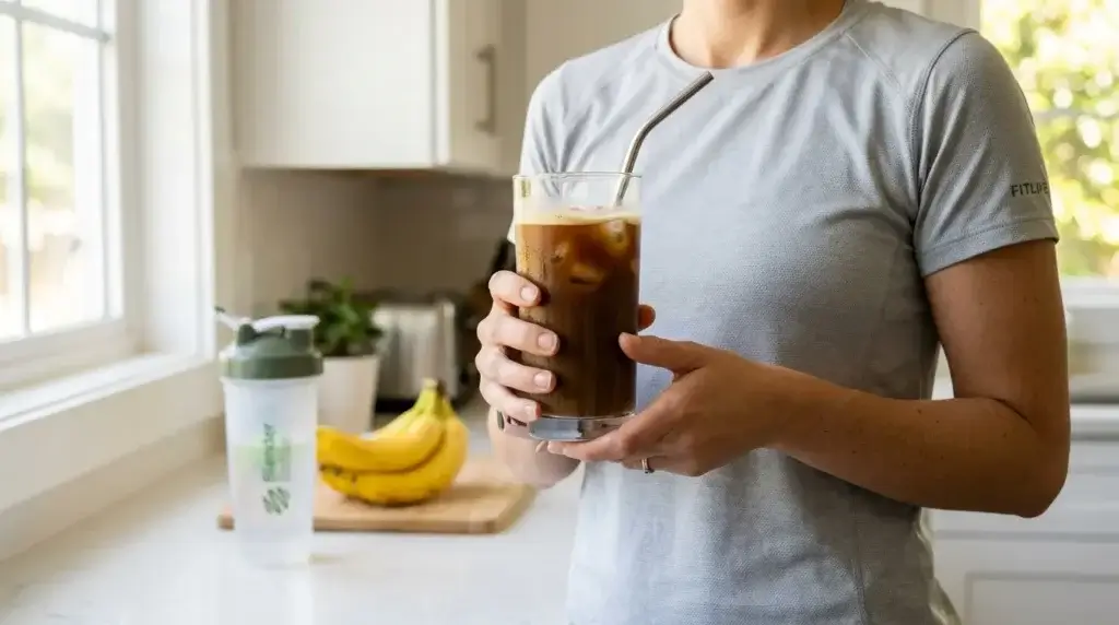 person drinking iced protein coffee in athletic wear as part of morning fitness routine