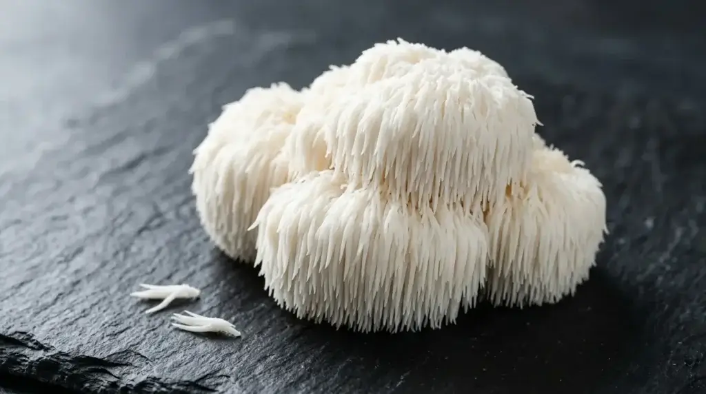 lion's mane mushroom close up white fluffy medicinal mushroom for brain health