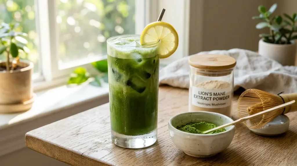 nootropic focus drink with lion's mane ashwagandha and matcha ingredients on a desk