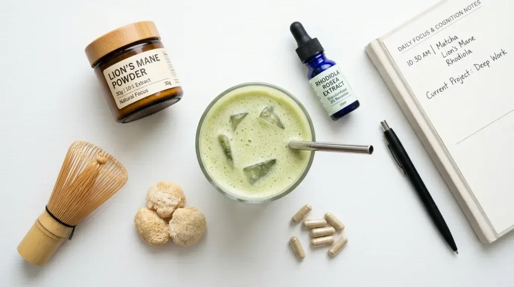 nootropic focus drink with lion's mane ashwagandha and matcha ingredients on a desk