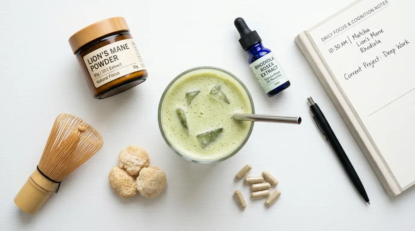 nootropic focus drink with lion's mane ashwagandha and matcha ingredients on a desk