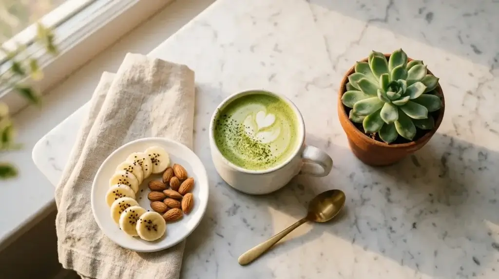 matcha latte in a white cup on a morning breakfast table with healthy foods