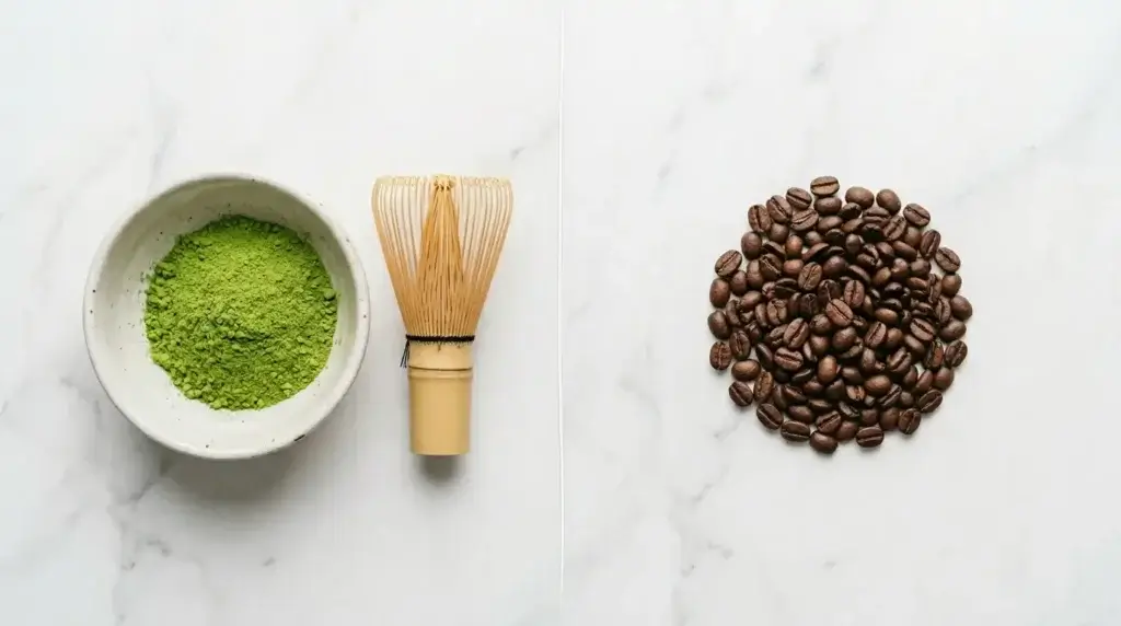 atcha powder in a bowl next to coffee beans showing caffeine difference
