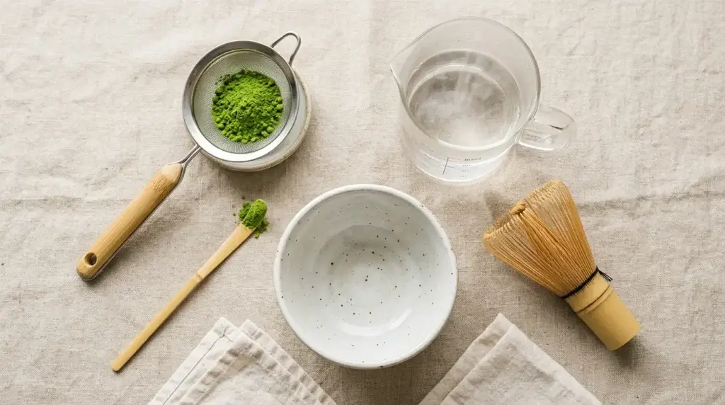 matcha latte preparation with bamboo whisk hot water and matcha powder