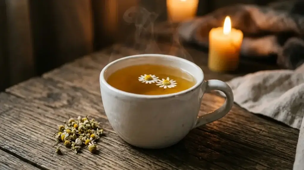 white ceramic mug of chamomile tea with dried chamomile flowers on wooden surface at night