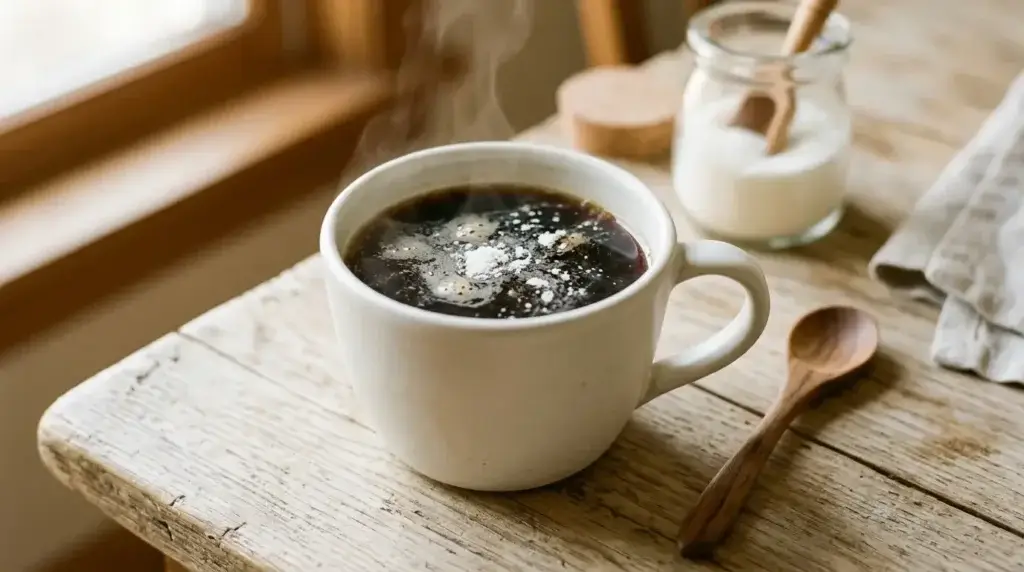 hot morning coffee with collagen peptides powder in a white mug on a wooden table